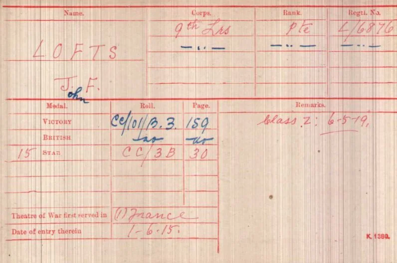 Medal Card of Private J.F. Lofts showing the award of the three campaign medals (Victory Medal, War Medal and 1915 Star), his date of first arrival in France of 1 June 1915 and his transfer to army reserve ('Class Z') on 6 May 1919 (UK National Archives, WO 372/23/134514 ).