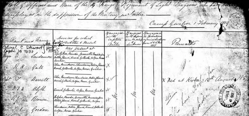 The Indian Mutiny Medal Roll for the 14th Light Dragoons, showing Captain T.E. Gordon and a list of the actions where he was present (UK National Archives, WO 100/35 ).