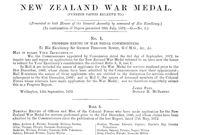 Captain Thomas Edward Gordon shown in the Roll of the New Zealand Medal ( Appendix to the Journals of the New Zealand House of Representatives, 1873 ).