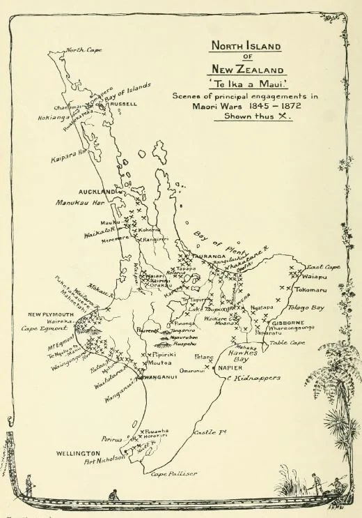 A map of the North Island of New Zealand from the James Cowan's The New Zealand Wars: a History of the Maori campaign and the Pioneering Period (1922), showing Hawke's Bay, the town of Napier, the site of the battle at Ommaruni, and Cape Kidnappers, the location of Clifton Station.