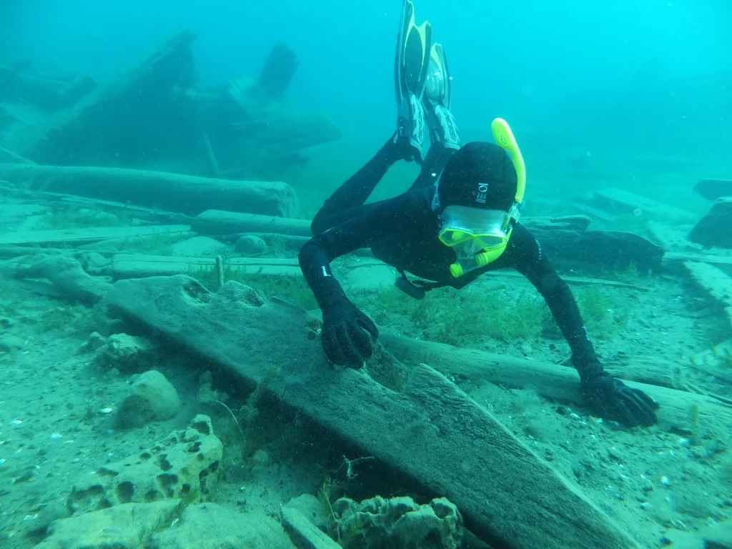 Free-diving on wrecks at Tobermory, Lake Huron, Canada, August 2015
