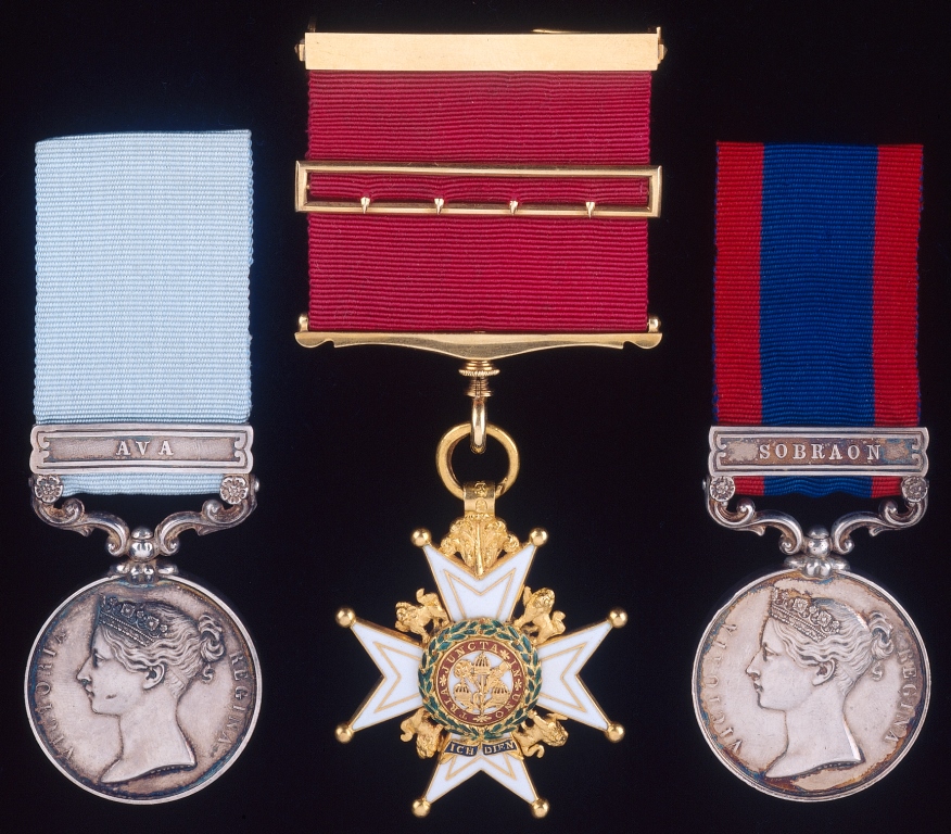The medals of Colonel George Lawrenson, C.B. (1803-56), comprising the Army of India Medal 1799-1826 with clasp Ava (engraved with his name as Lieut., (1st) Regt. of Arty.), the breast badge of the Companion of the Order of the Bath (silver hallmarked for 1815), and the Sutlej Medal 1845-6 with clasp Sobraon (engraved with his name as Major, 2nd Brigade H. Ay.).