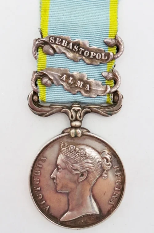 The whereabouts of General Lawrenson's medals are unknown, but this example of the British Crimea Medal bearing the same two clasps as his own shows why Lord Paget and other officers derided them as looking like decanter labels, by contrast with the more sober appearance of earlier campaign medals such as that of George Lawrenson for the Sikh War shown at the top of this blog. The Crimea Medal was authorised in 1855 while the war was still ongoing, so was distributed to soldiers still in the field as well as to the sick and wounded who had come home.