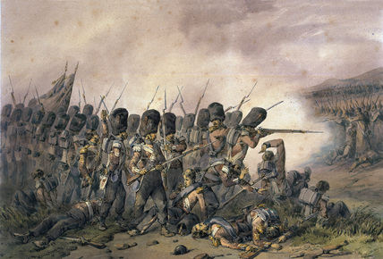 ‘Battle of Alma, 1854’ by Orlando Norie, showing the Coldstream Guards. The Alma was best known for the achievements of the Highland Brigade, one of whose regiments, the 93rd, was to find further fame at Balaclava, after William Howard Russell – the celebrated war correspondent for The Times – described their defensive line as a ‘thin red streak’, later to enter popular parlance as the ‘Thin Red Line.’ This image could have come straight from the Napoleonic Wars, except that the British soldiers are firing percussion rifles – loaded from the muzzle in the same way as the smoothbore muskets of their Russian opponents, but far more accurate and with a greater range. The artist (one of the most prolific military painters of the 19th century) is thought to have based his Crimea watercolours on the sketches of his uncle Frederick Norie, who accompanied the Sardinian Army in 1854-5 ( National Army Museum , Accession No. 1968-06-321-2).