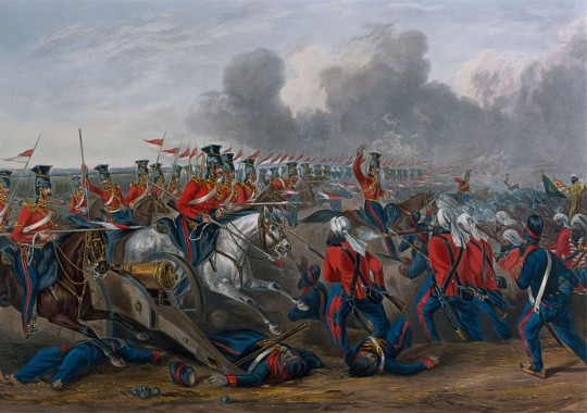  ‘Charge of the 16th (Queen’s Own) Lancers at the Battle of Aliwal, January 1846’, showing an overrun Sikh field gun in the foreground. This gives a vivid image of the battle in which Major Lawrenson and his artillerymen distinguished themselves. Sir John Smith’s force was made up of a mix of British regiments, as shown here, and units of the East India Company army (British officered but with native sepoys), numbering altogether about 10,000 men with 24 guns (coloured aquatint by J. Harris after H. Martens, published by Rudolph Achermann, 1847. National Army Museum , Accession No. 1971-02-33-24).