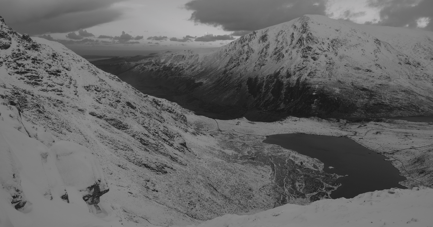 Llyn Idwal and the Carneddau from above Devil's Kitchen, with Angelsey and the Irish Sea in the background