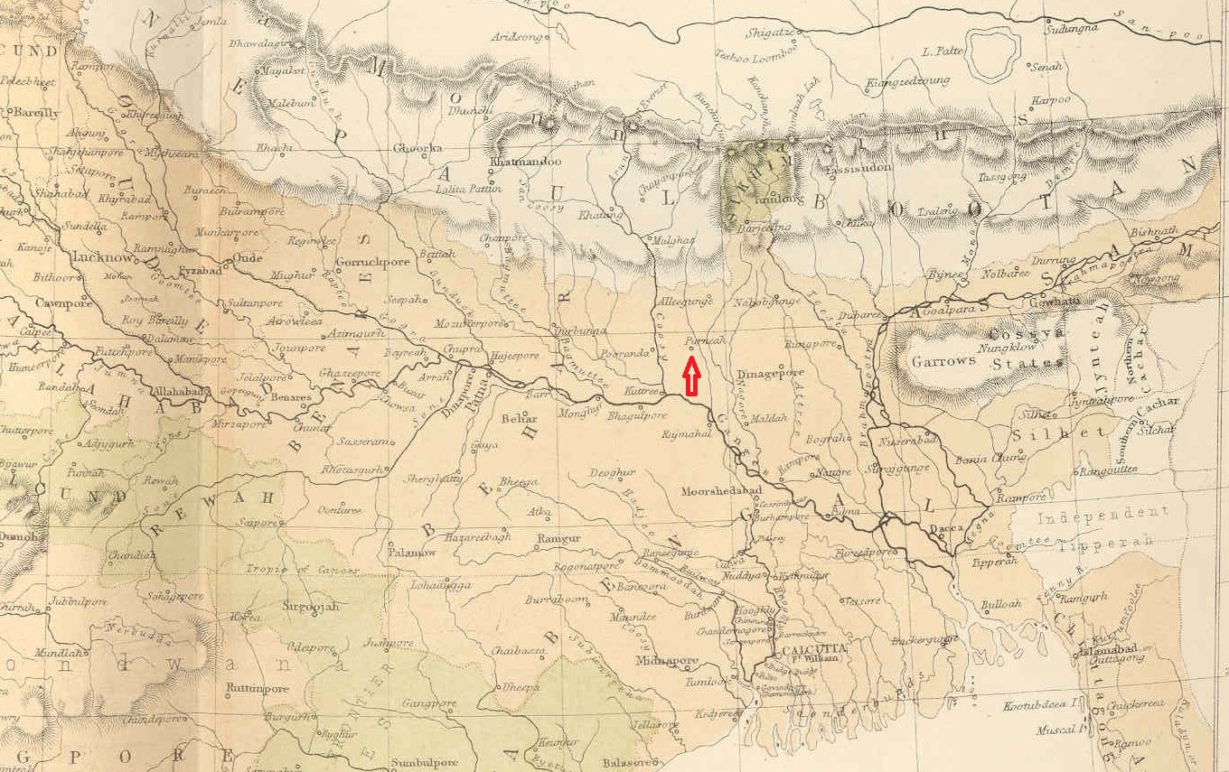 This 1856 map of Bengal Presidency shows the geography of Rebecca's life in India, from her arrival and marriage in Calcutta in 1807 to her final seven years in Purneah, marked with the arrow. To the east is Burma, to the north Bhutan and Nepal and to the west the region of Oudh, where John Littledale Gale was on active service in 1807-8 while his regiment was based in Sitapur and then Lucknow. As the crow flies, the distance is about 850 km from Lucknow to Calcutta, about 450 km from Calcutta to Purneah and only about 60 km from Purnea to the Nepalese border. Click to enlarge.