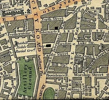 Cruchley's map of 1827 shows the precise location of Tabernacle Walk between Windmill Street and Tabernacle Square, as well as Castle Street at City Road. The addresses given indicate that Daniel's premises were at the junction of Castle Street and Tabernacle Row, where Windmill Street ends on this map. The entire stretch north of Finsbury Square was renamed Tabernacle Street in 1912. Click to enlarge.