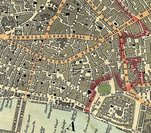 Cruchley's map of 1827 showing the eastern part of the old City of London, with the Minories directly north of the Tower of London and Haydon Square leading off that to the right; Goodman's Fields lies just to the right of that, beyond the edge of the map. Raphael's earlier address, St Mary Axe, adjoins Bevis Marks near the top of the map. His brother Daniel's address at Tabernacle Walk lies to the north of that, beyond this map (see the second map below). Click to enlarge.