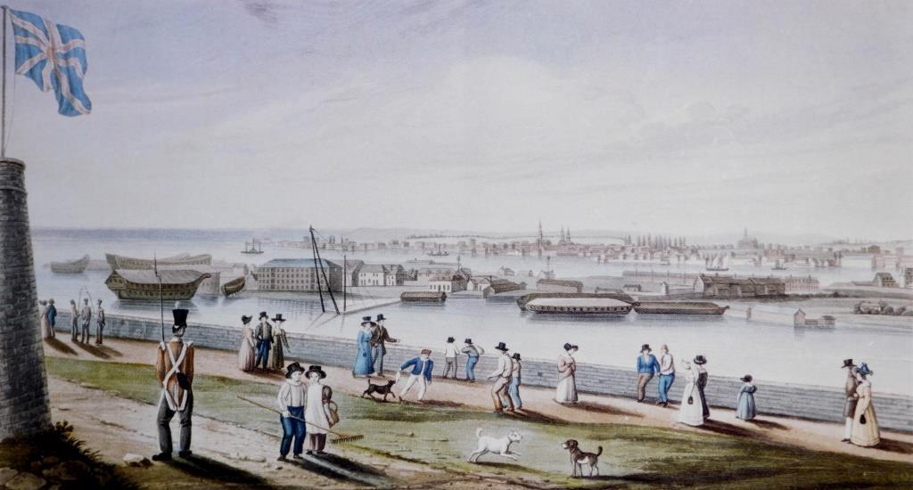 A colour aquatint of 1828 by James Gray showing Kingston from Fort Henry, with the Royal Navy Dockyard (site of the present Royal Military College of Canada) in the centre and the town beyond. The housed-over ship behind the soldier's bayonet is probably HMS St Lawrence , and that above the solitary lady with the pink top and black hat HMS Prince Regent , renamed HMS Kingston ( National Archives of Canada ).