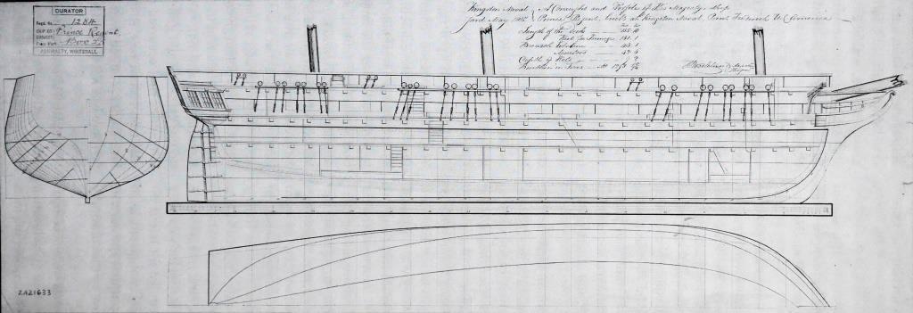 A draught and profile drawing of HMS Prince Regent made by Royal Navy surveyor Thomas Strickland in 1815. The V-shaped deadrise of the frames from the keel was even more pronounced on the Princess Charlotte ( National Maritime Museum, Greenwich ).
