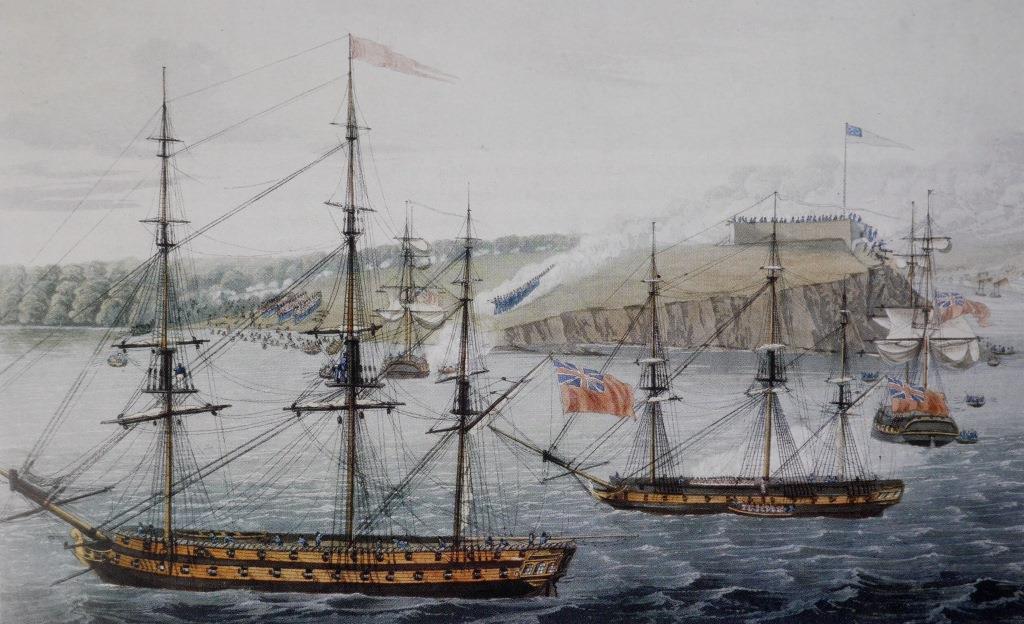 Another 1815 aquatint of the Battle of Oswego based on a drawing by Royal Marines officer present at the action - in this case Lieutenant John Hewett, who climbed the flagpole of the fort and took down the Stars and Stripes. In the foreground HMS Prince Regent flies the broad pennant of Sir James Yeo; beyond that the British forces are landing and forming up to attack the Americans, who are on the lower slope opposite with the fort behind them. The entrance to the Oswego river, which allowed the Americans to bring up supplies and armaments from New York, is to the right ( National Archives of Canada ).