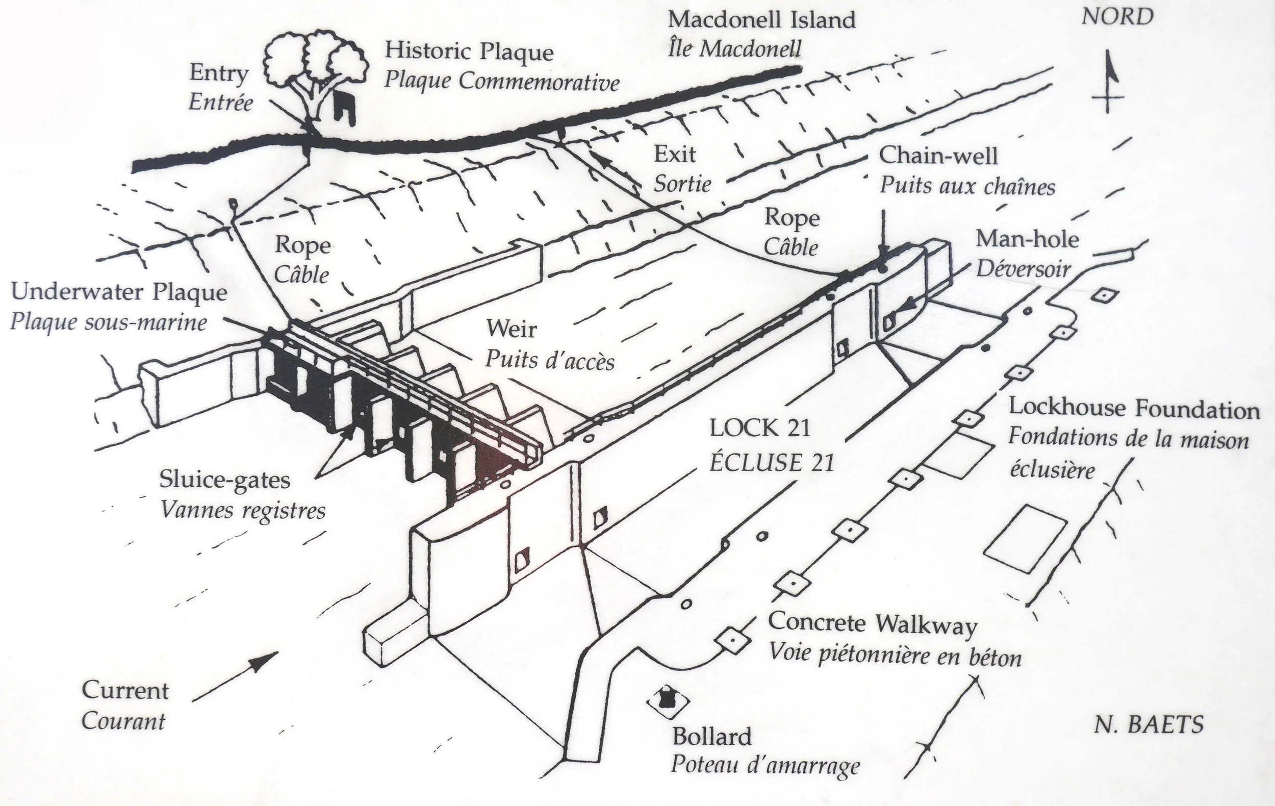 A plan of Lock 21 for divers on display in the information pavilion at the site. For our dive seen in the video we followed the rope down to the weir, went through the sluice gates and came up the other side.(plan: N. Baets).
