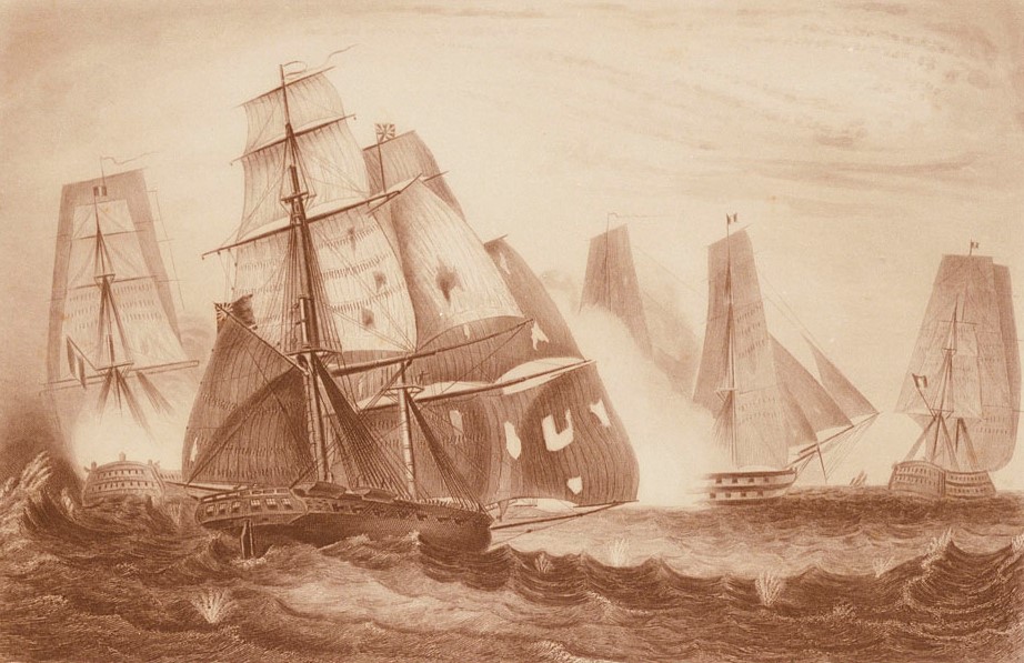 This depiction of HMS Recruit , another one of the batch of 17 Cruizer-class brig-sloops built to the Barham's Board design in 1806-7, gives an excellent impression of the appearance of HMS Primrose . The two-mast brig-rig can clearly be seen, as well as the portholes for the carronades. The caption reads 'Intrepid behaviour of Captn Charles Napier, in HM 18 gun Brig Recruit for which he was appointed to the D'Haupoult . The 74 now pouring a broadside into her. April 15 1809.' Recruit survived this action, and was sold in 1822 (etching, George W. Terry and George Greatbach, National Maritime Museum PAD5779 )