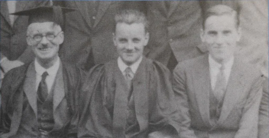 'Headmaster Gibbins, mathematics master Evans, and Dan Pedoe at the Central Foundation Boys School in London, 1927.' On the cover of The College Mathematics Journal 29.3 (1988).