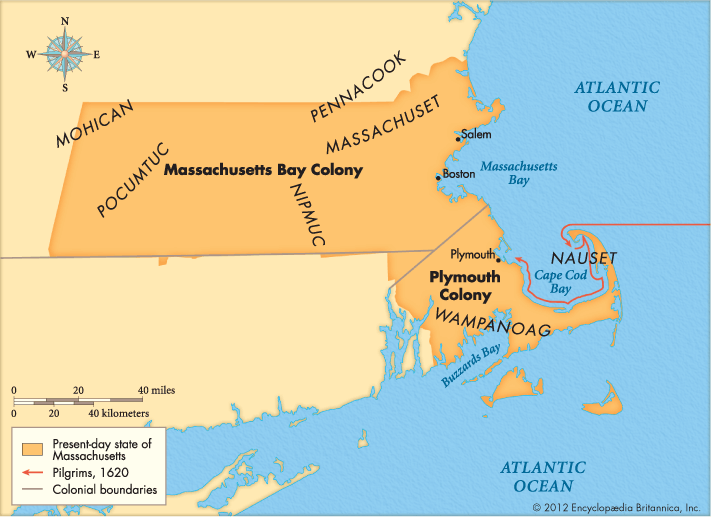 A map of early New England showing the relationship between Plymouth Colony, founded in 1620, and Massachusetts Bay Colony, founded a decade later and focused on Boston (source: Encyclopedia Britannica ).