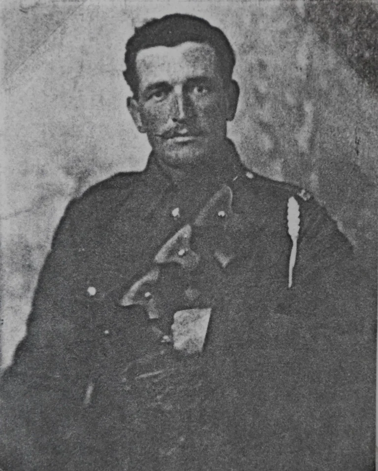 Charles Gerald Cook during the First World War. He wears the standard 1903 pattern bandolier used by British artillerymen, cavalrymen and other corps to carry small-arms ammunition, a ready way to distinguish these men in photos from infantry. The lanyard was attached to a clasp knife held in the breast pocket, a throwback to the time when armament was horse-drawn and knives were used to extract stones from hooves (as well as for many other purposes).