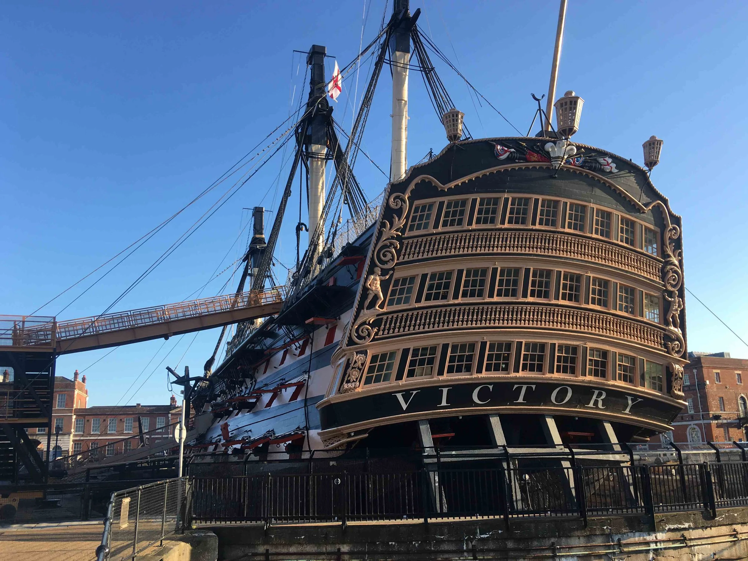 HMS Victory in Portsmouth in March 2019, showing the stern as depicted in the 1807 Luny painting.
