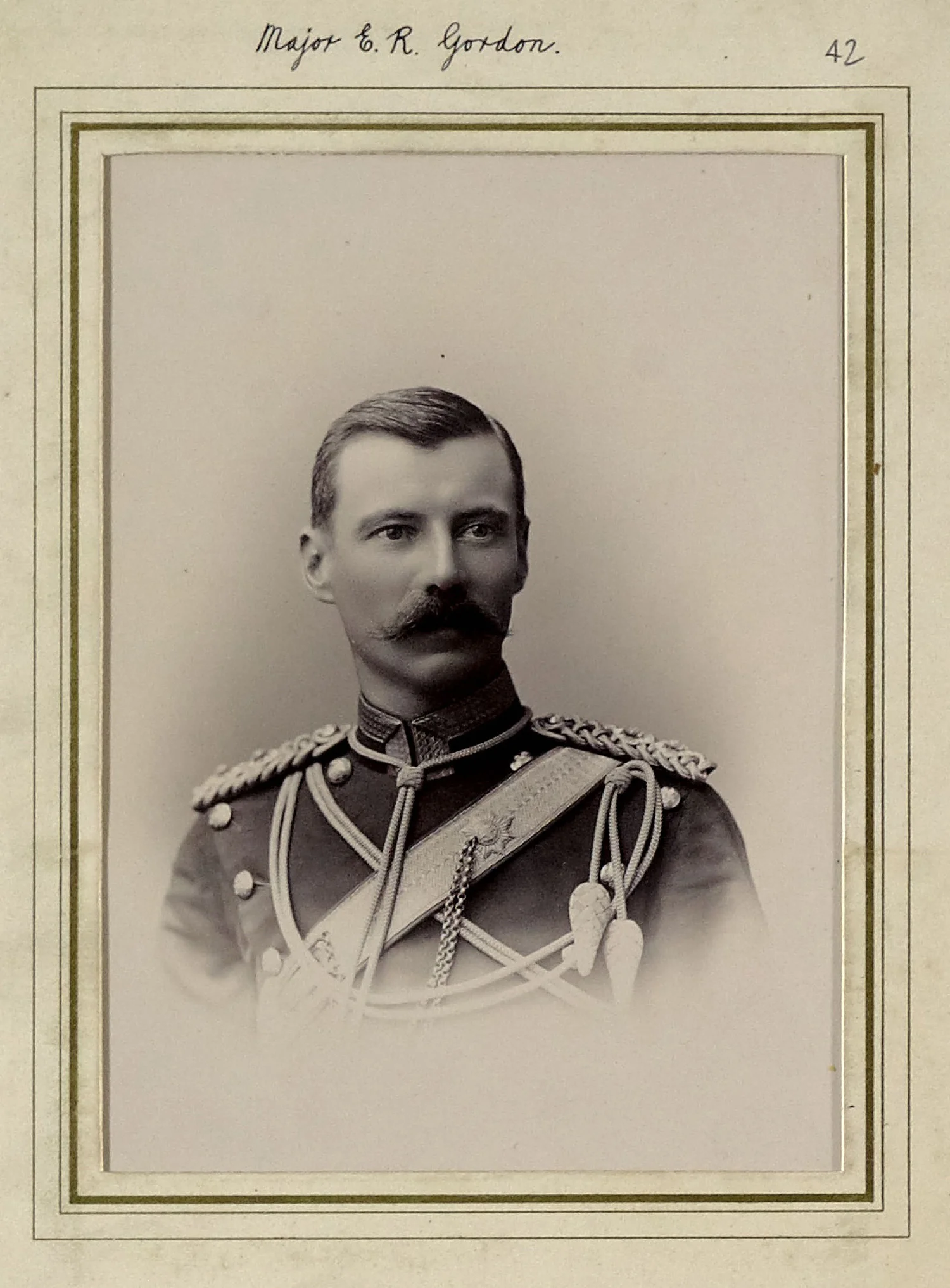 Edward Robertson Gordon as a Captain after his transfer to the 9th Lancers in 1896. The photo dates before 1902 as he does not wear his Boer War campaign medals and has the two stars of a Captain on his epaulettes, increased to three by Army reforms of 1902; as as he was in the field from 1899 to 1902 it seems most likely that it was taken during his first years with the regiment, possibly on joining them in England in 1896 (copyright 9th/12th Lancers Regimental Museum, Accession No 2090-16-42).