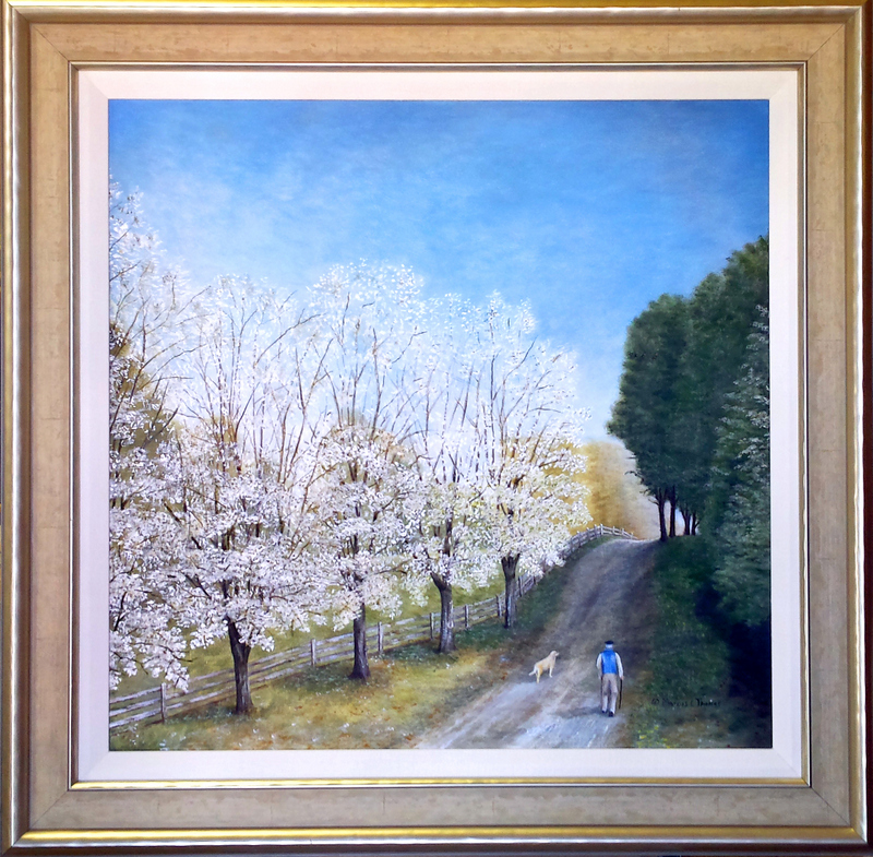 This beautiful original painting by local artist Marcus Thomas was framed to enhance the muted spring colors of the artwork.