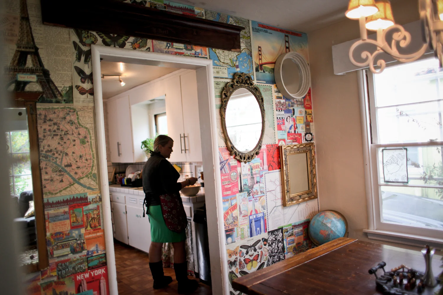 Jessica deco-paged this wall and did many other crafty things to decorate their home. It pretty much blows Pinterest away.