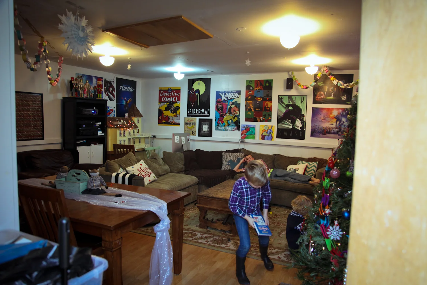 The recreation room is where the kids use the computers and where they watch movies on a projector. As you can see, they are big super hero fans.