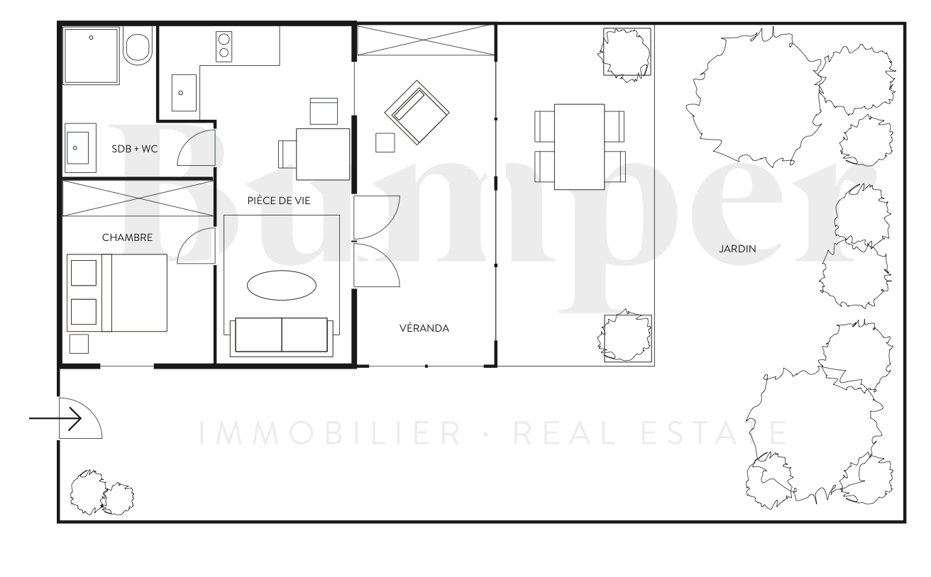 Plan représentant la répartition des espaces et la disposition du mobilier. Ce plan n’est en aucun cas un plan technique à l’échelle. 