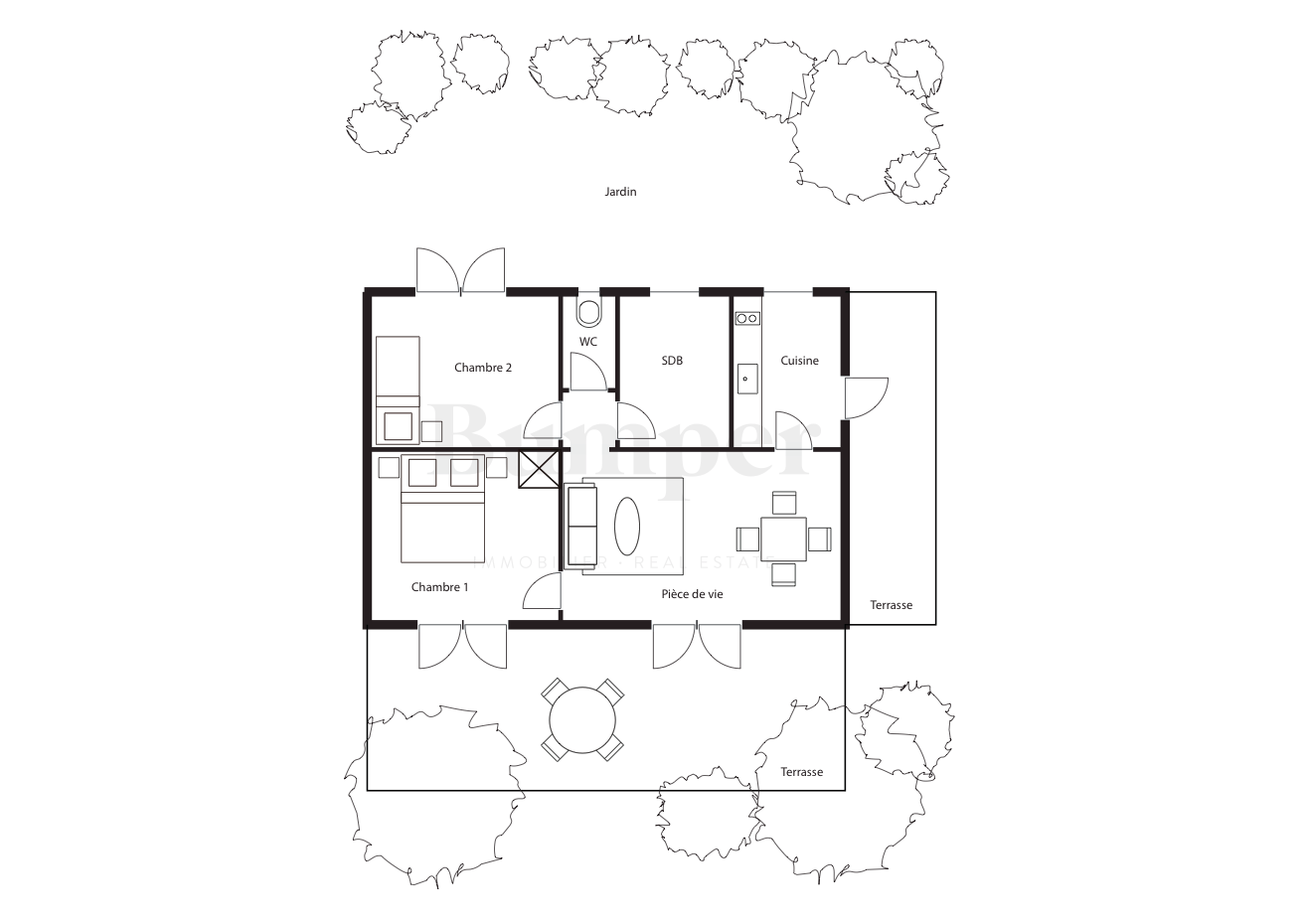 Plan représentant la répartition des espaces et la disposition du mobilier. Ce plan n’est en aucun cas un plan technique à l’échelle. 