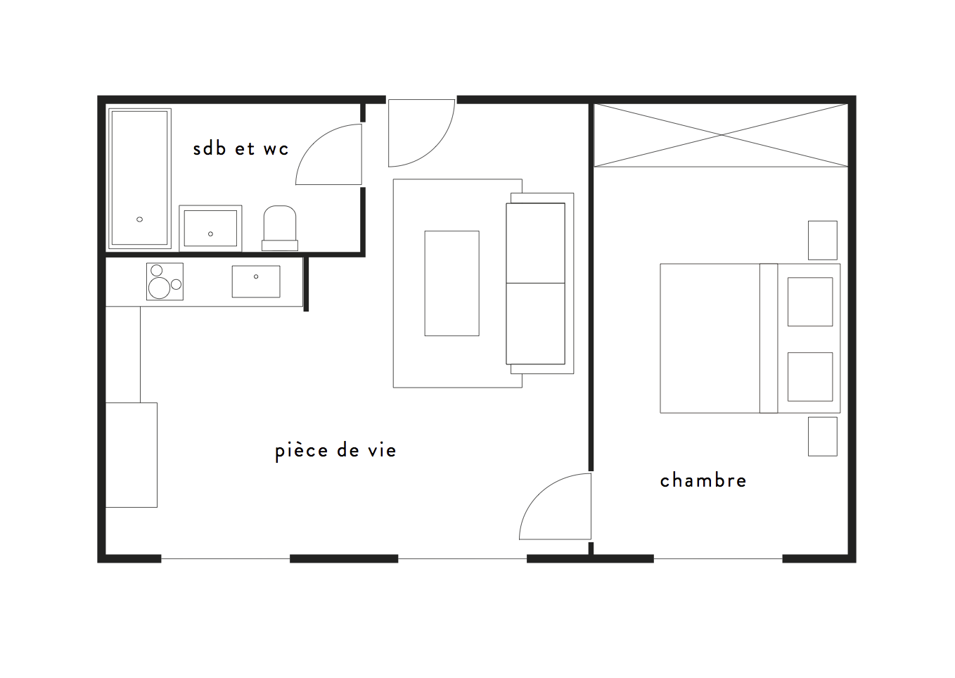 Plan représentant la répartition des espaces et la disposition du mobilier. Ce plan n’est en aucun cas un plan technique à l’échelle. 