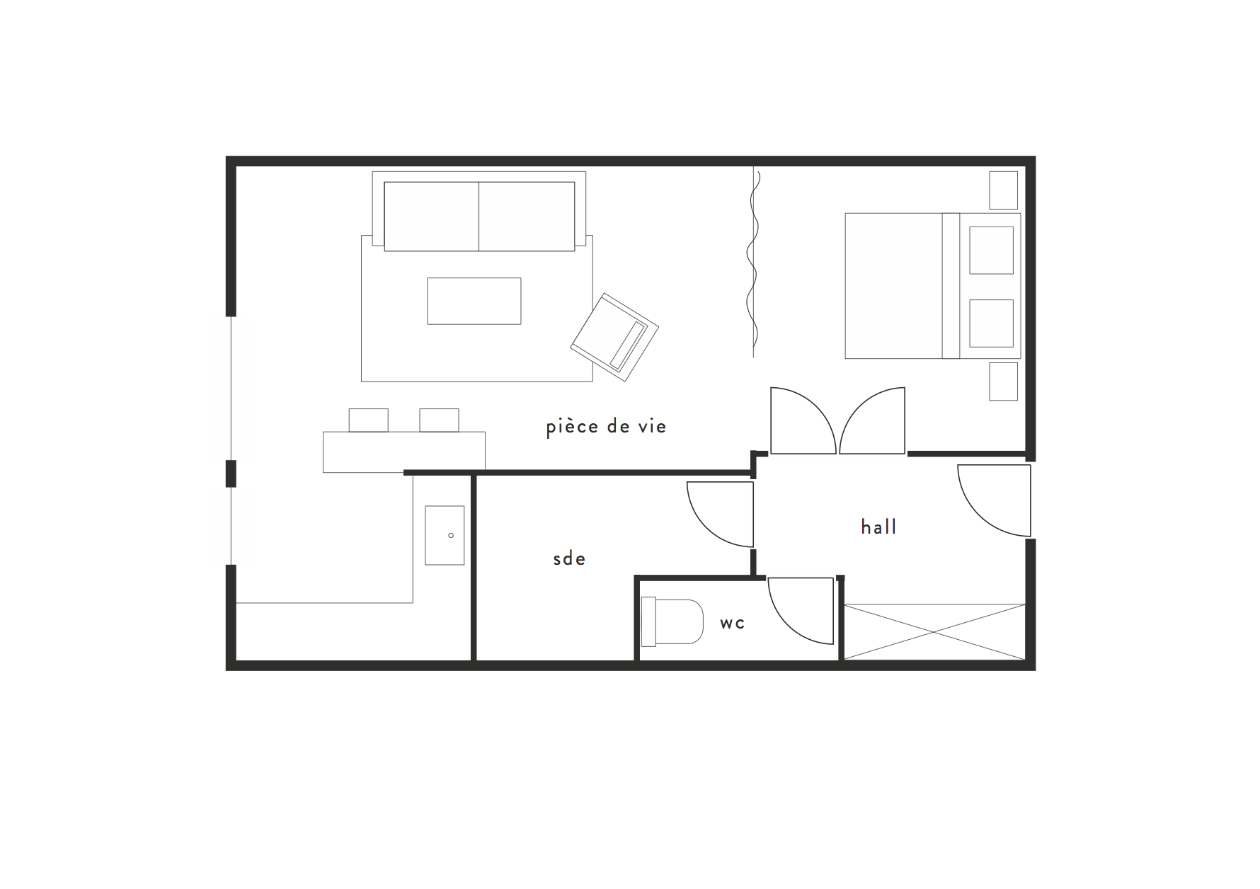 Plan représentant la répartition des espaces et la disposition du mobilier. Ce plan n’est en aucun cas un plan technique à l’échelle.