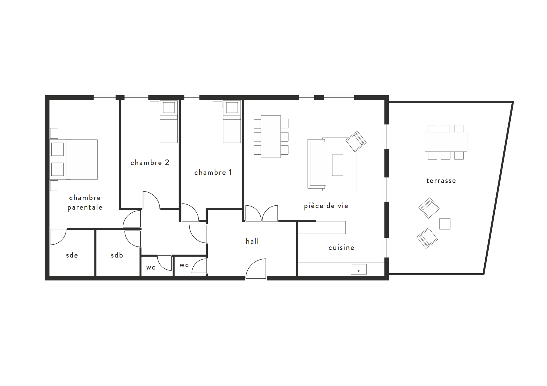 Plan représentant la répartition des espaces et la disposition du mobilier. Ce plan n’est en aucun cas un plan technique à l’échelle.