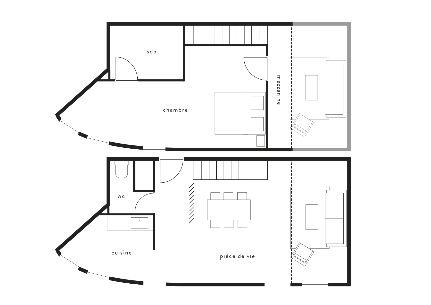 Plan représentant la répartition des espaces et la disposition du mobilier. Ce plan n’est en aucun cas un plan technique à l’échelle.