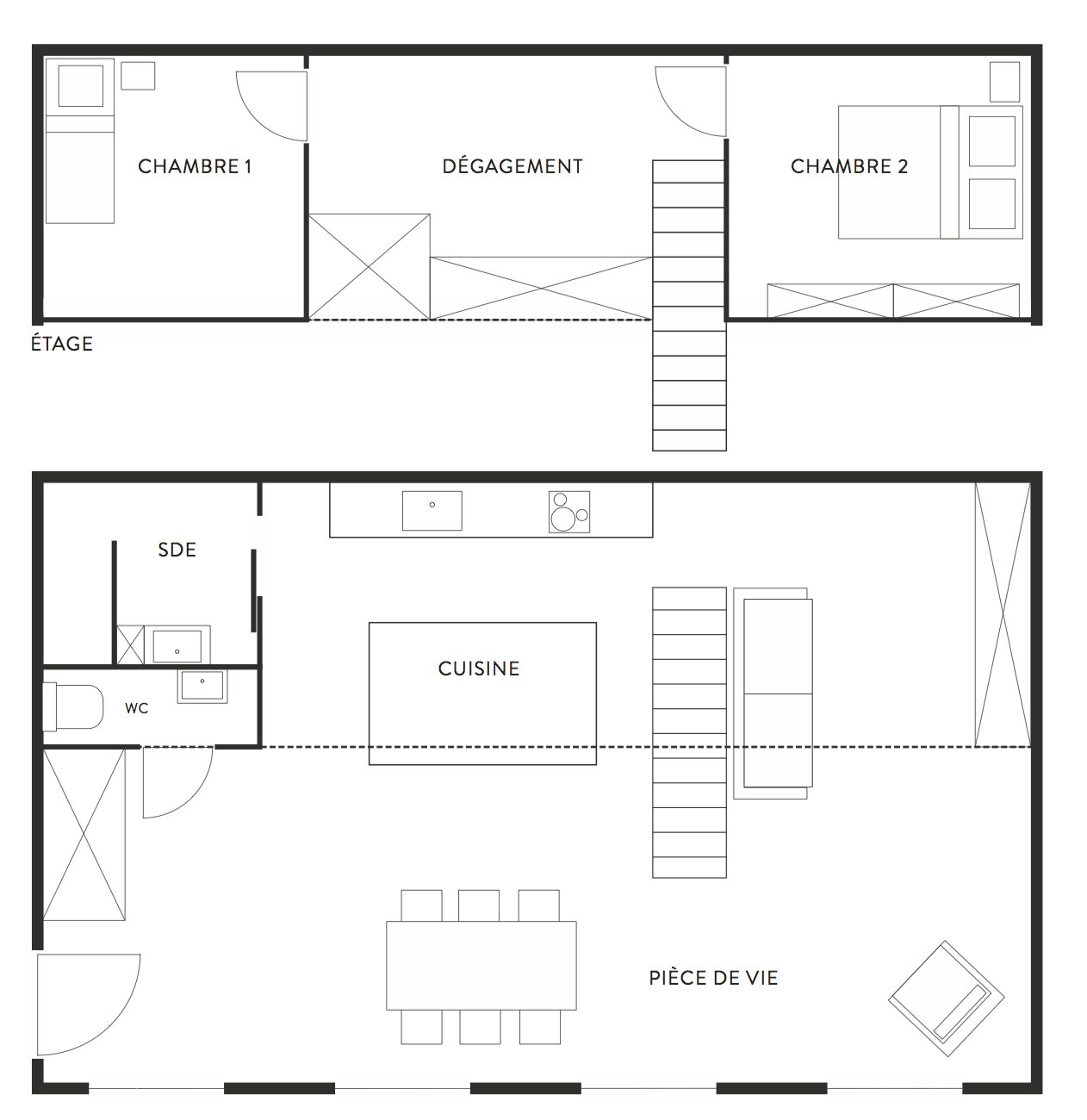 Plan représentant la répartition des espaces et la disposition du mobilier. Ce plan n’est en aucun cas un plan technique à l’échelle. 