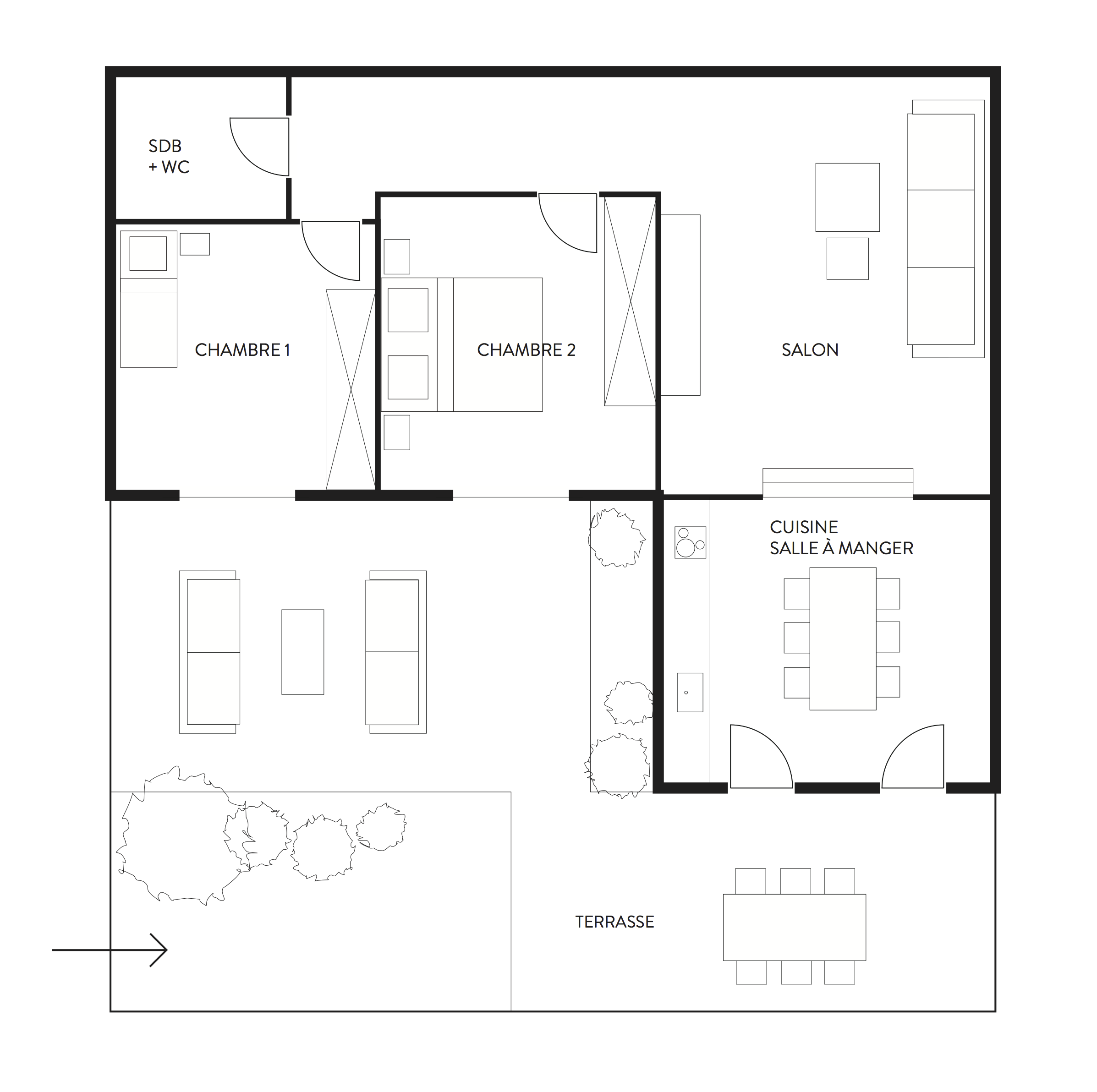 Plan représentant la répartition des espaces et la disposition du mobilier. Ce plan n’est en aucun cas un plan technique à l’échelle.