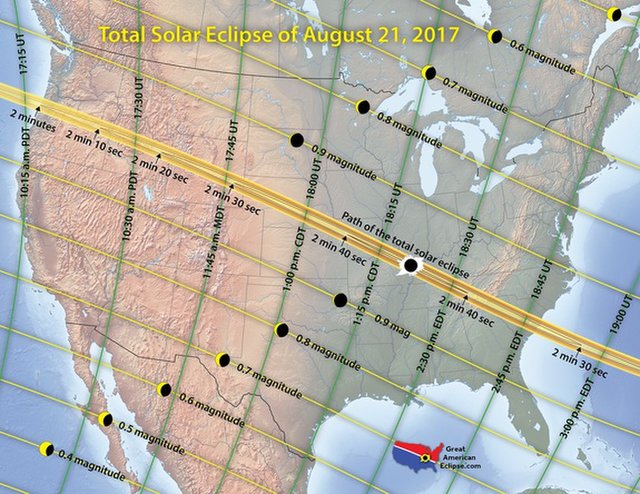 The total solar eclipse of 2017's path of totality, stretching from Oregon to South Carolina. Credit: Michael Zeiler, GreatAmericanEclipse.com