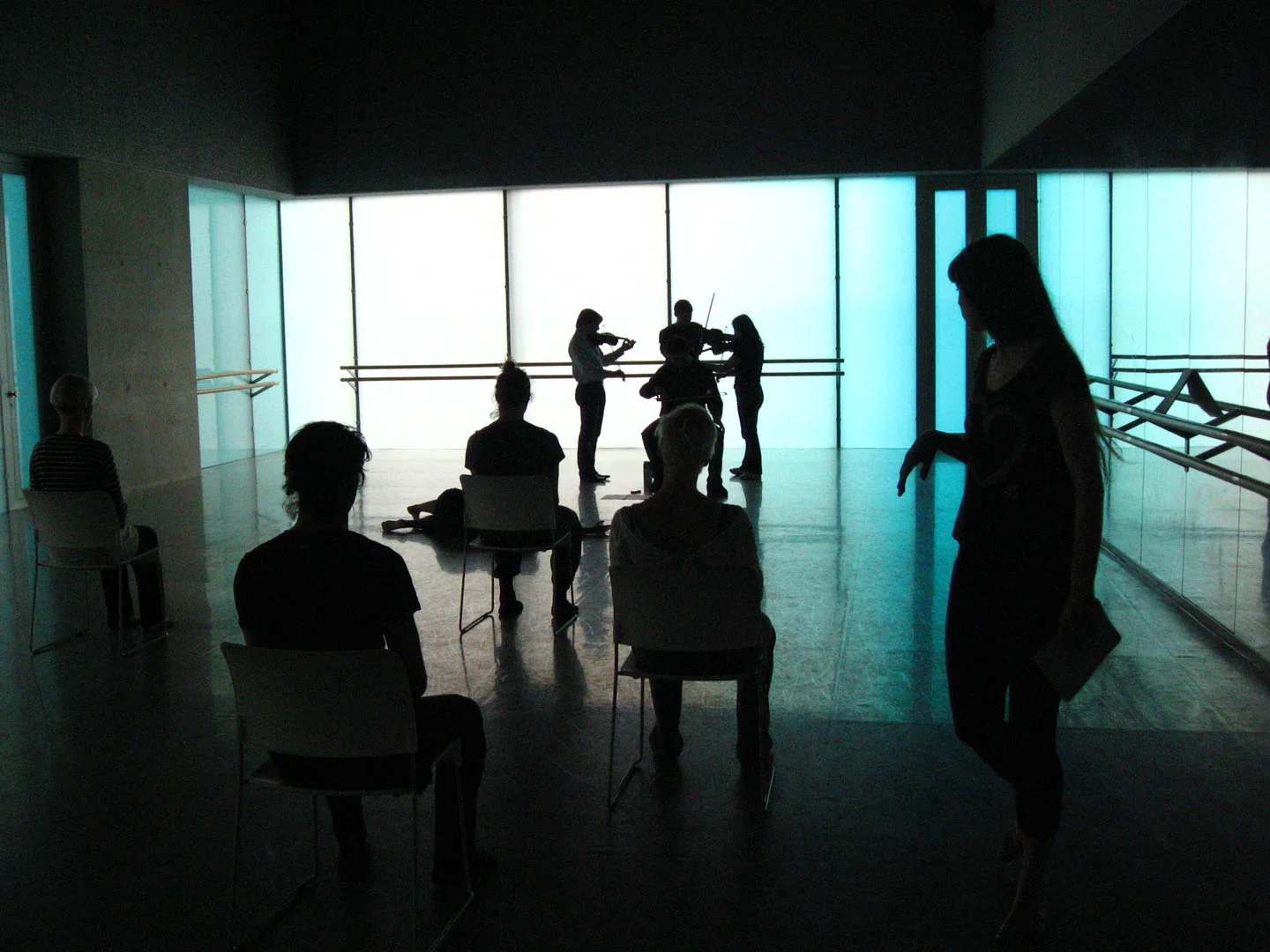 Rehearsal for 'Unbeschriebenes Blatt' for string quartet and dance at Laban studio, Trinity Laban Conservatoire of Music and Dance.