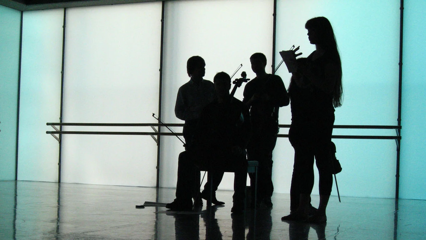 Rehearsal for 'Unbeschriebenes Blatt' for string quartet and dance at Laban studio, Trinity Laban Conservatoire of Music and Dance.