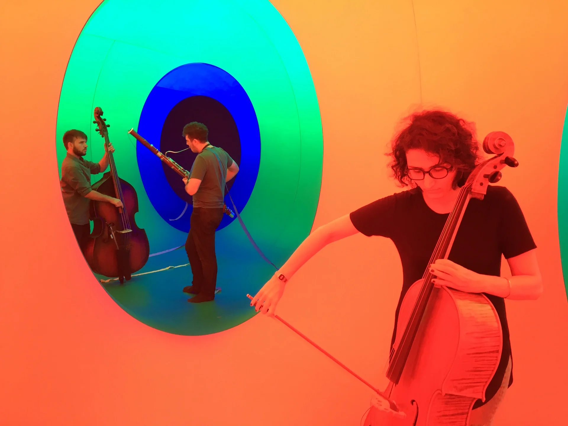 Thodoris Ziarkas, Phil Pike and Maral Mohammadi rehearsing Sound and Seek for musicians and dancers. Commissioned for the Colourscape Music Festival 2017. Premiered 24 September 2017, Colourscape, Clapham Common.