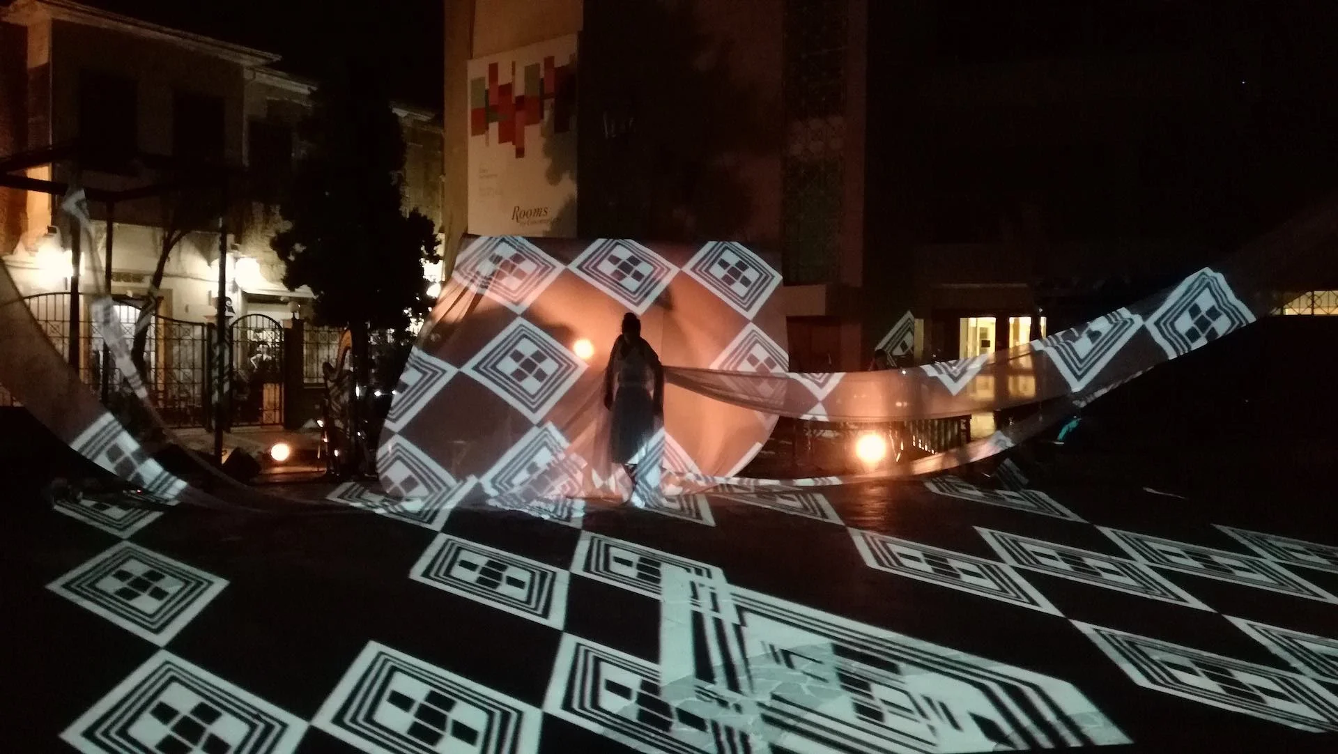Dancer's silhouette in the beginning of Desmōtēs, a multimedia performance for video art, music and dance at the Bank of Cyprus Cultural Foundation, 7 September 2017. Photo by Christos Symeonides