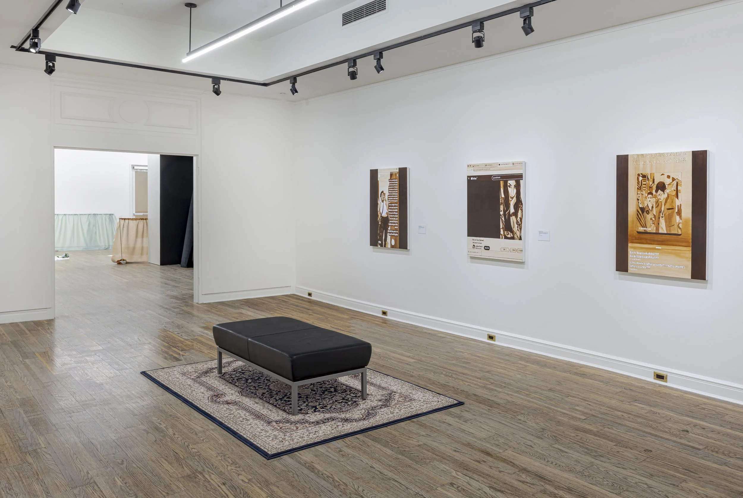 Installation shot of Left: ‘Abolish The Police In Your Heads Fuglies (Priyanka Paul)’ (2023) Acrylic on canvas 30x40 inches Centre: ‘Fouzia’s Archive Of Radical Hope For Qandeel (Qandeel Baloch)’ (2023) Acrylic on canvas 30x40 inches R