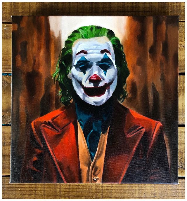 Down To Clown 🤡 Oil on canvas, 12&rdquo;x12&rdquo;. I&rsquo;m really looking forward to seeing @joaquinphoenix_rocks portrayal of The Joker. DM me for availability on this painting. Swipe 👈🏾 🖼
.
.
.
.
.
#amarstewart #thejoker #batman #gothamcity 