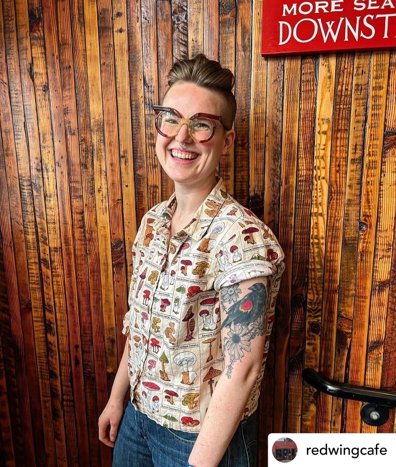 #repost &bull; @redwingcafe We went over to this customer a few weeks ago to compliment their awesome glasses and mushroom shirt and then they showed us that they also had a redwinged blackbird tattoo to match the bird painted on the side of the cafe