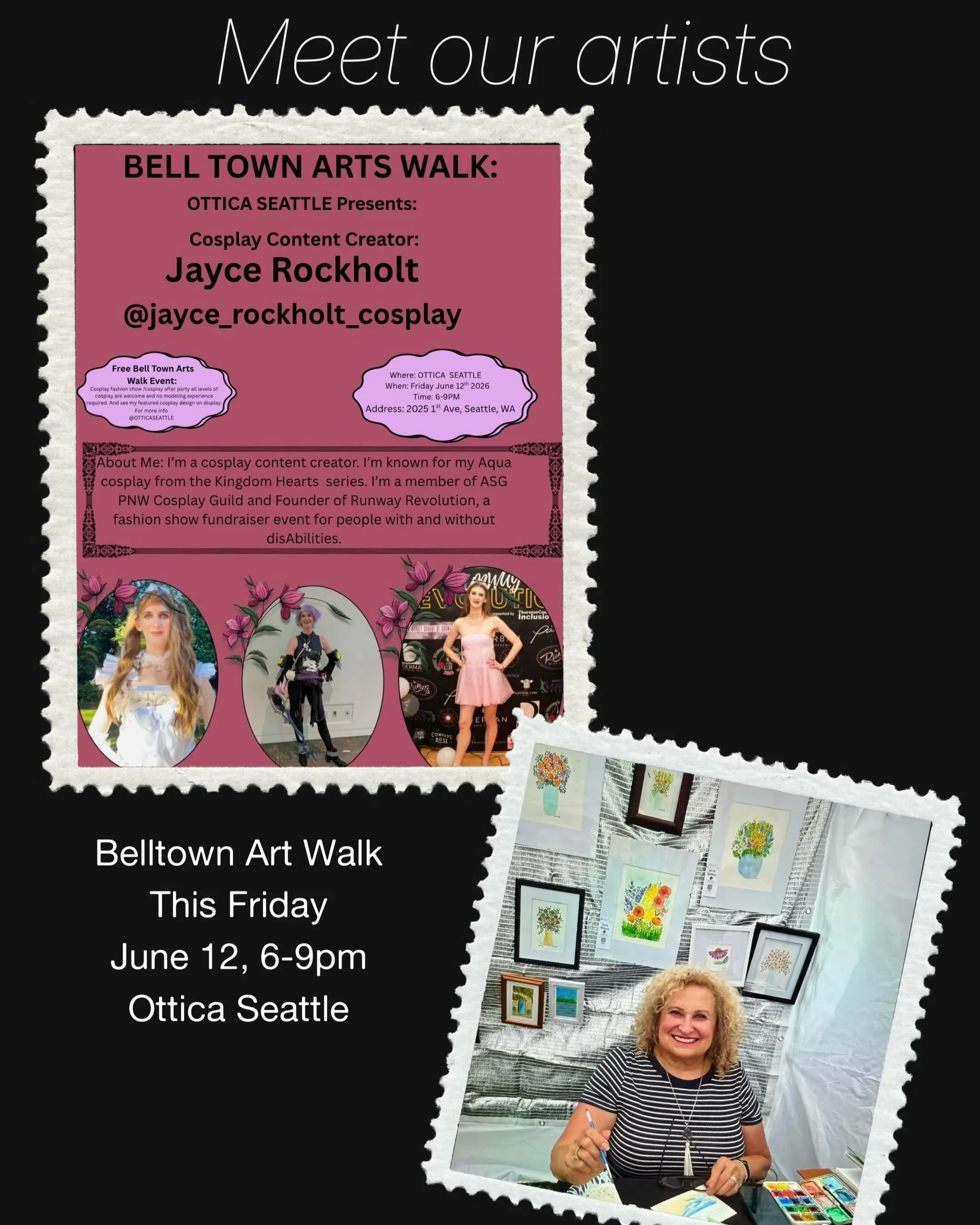 Join us this Friday June 12 from 6-9 for the @belltownartwalk. Meet our June artist/cosplay model/designer @jaycerockholt and @art.and.whimsy.
