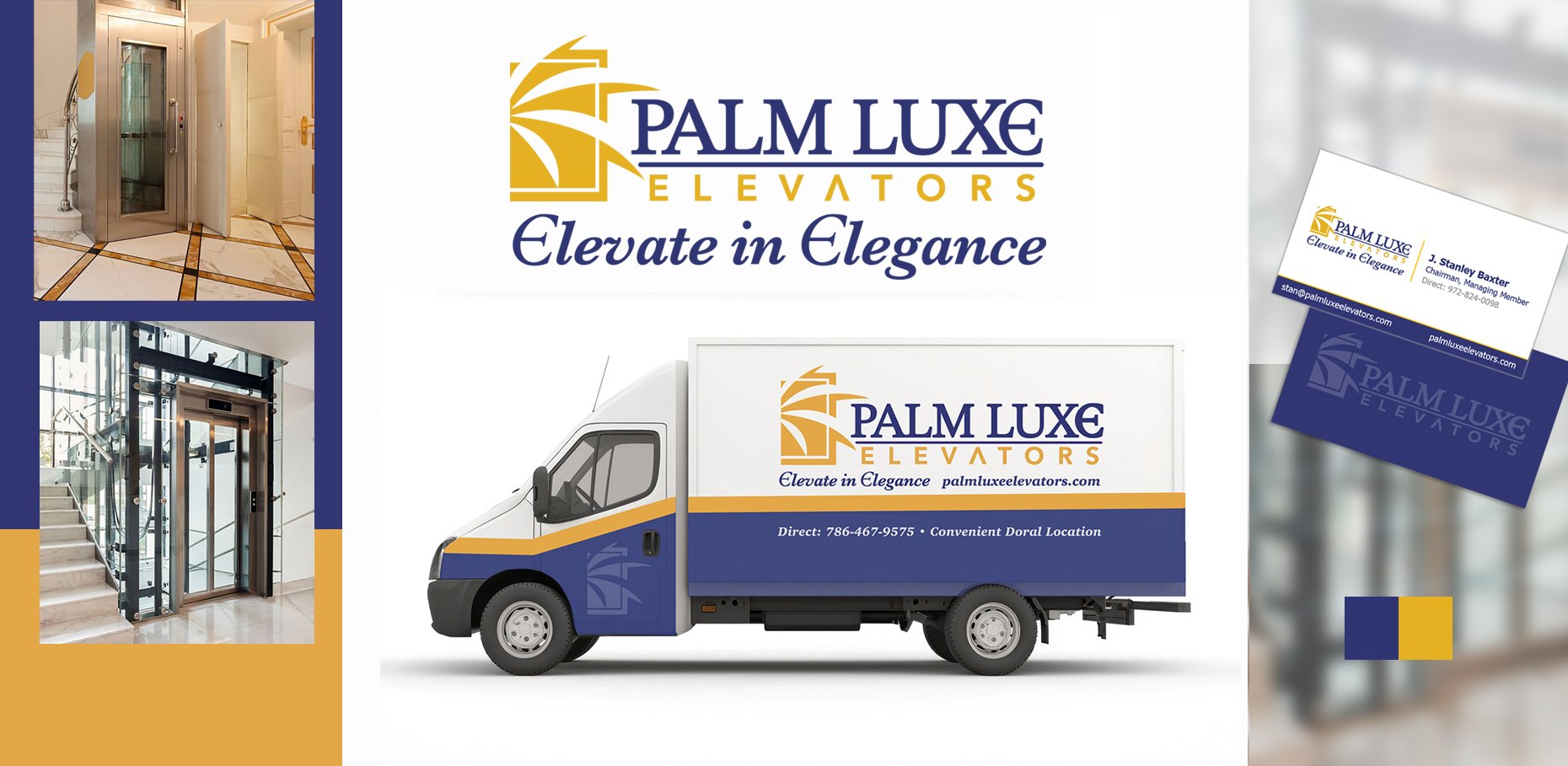 Promotional display for Palm Luxe Elevators featuring a graphic of an elevator with interior and exterior views, a company truck with branding, and business cards. The display includes the company's logo, slogan 'Elevate in Elegance,' and contact information.