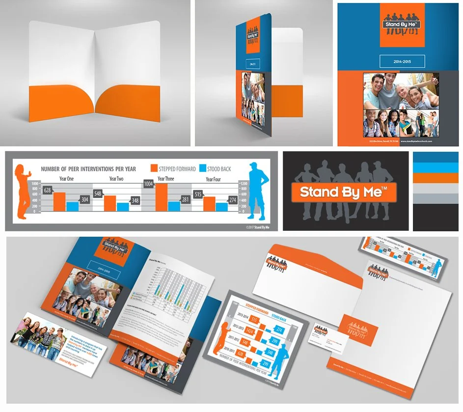 Promotional material for 'Stand By Me,' showcasing images of diverse groups of young people, informational charts, and branding elements in blue, orange, and gray.