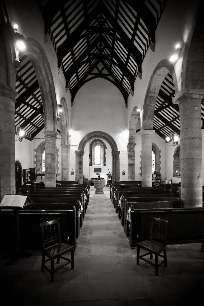 Bramham All Saint's Church, black and white interior