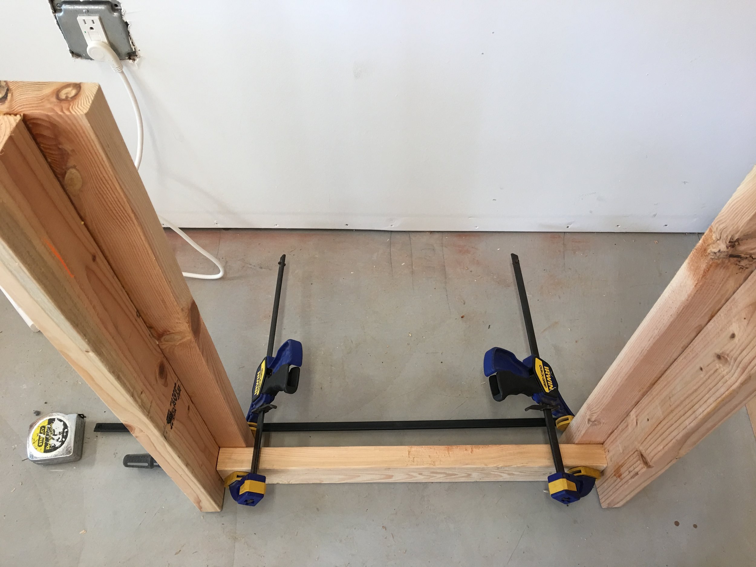  Use clamps to square up legs and cross members when screwing together. 