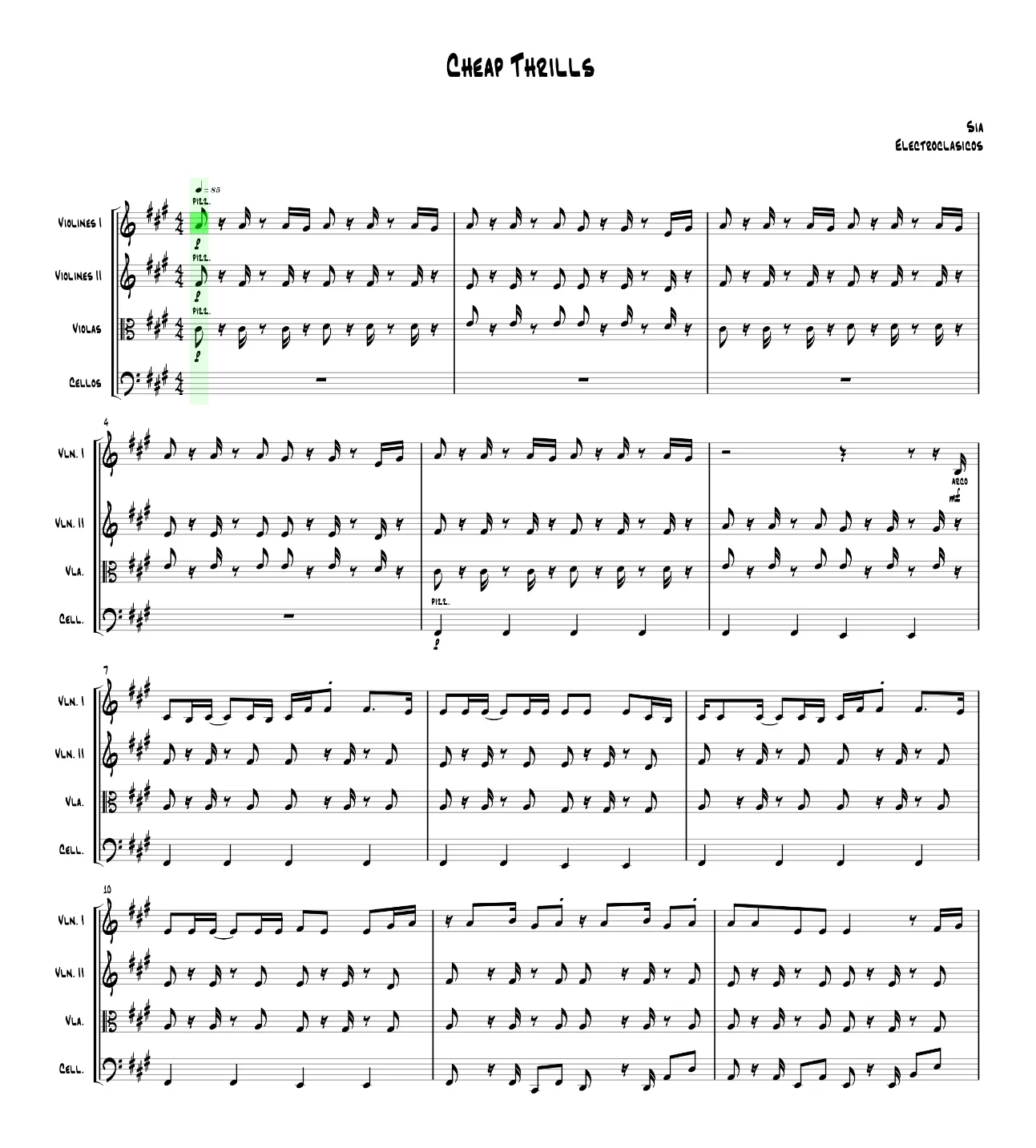 Sheet Music String Quartet Cheap Thrills, Sia
