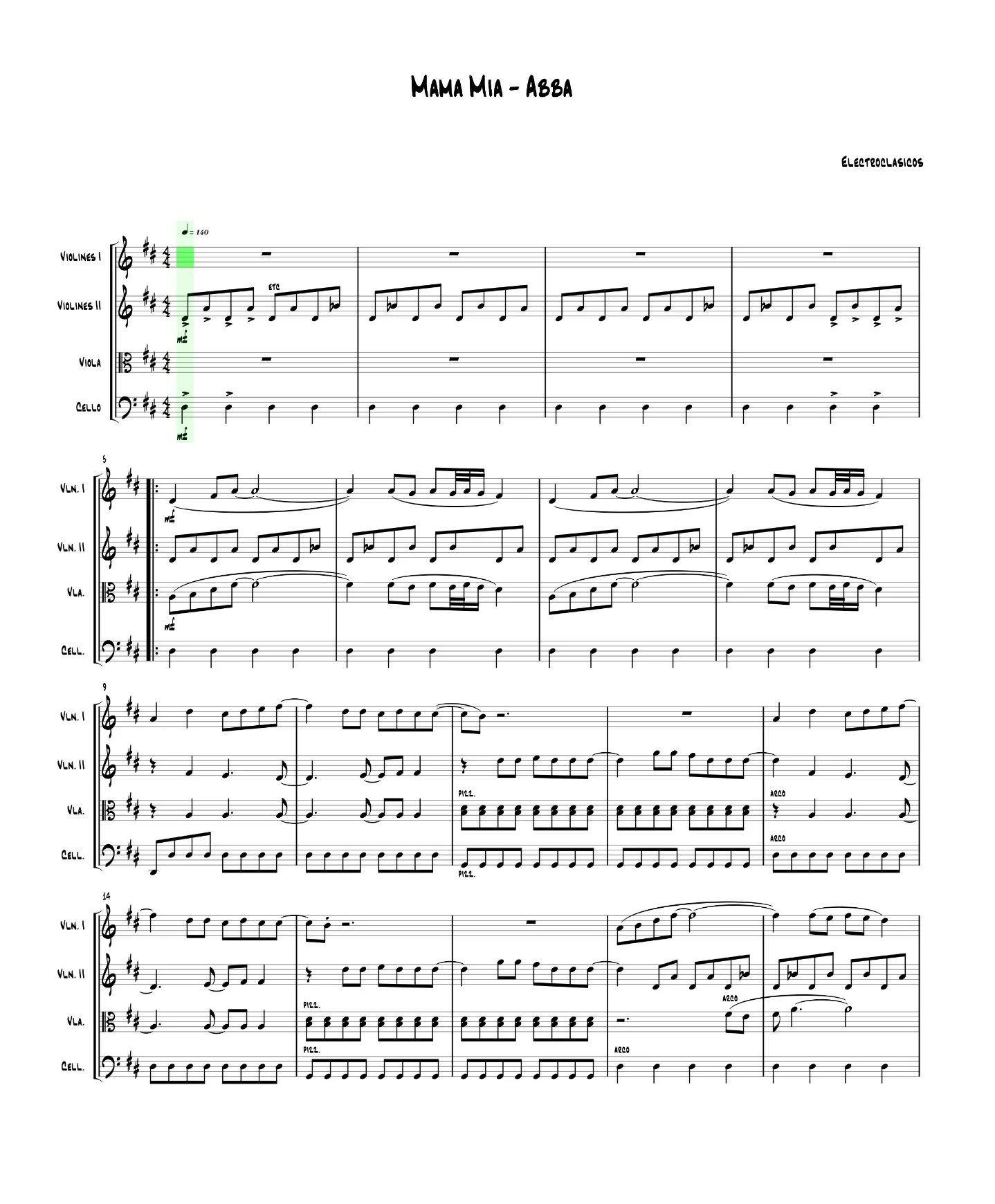 Sheet Music String Quartet Mamma Mia, Abba