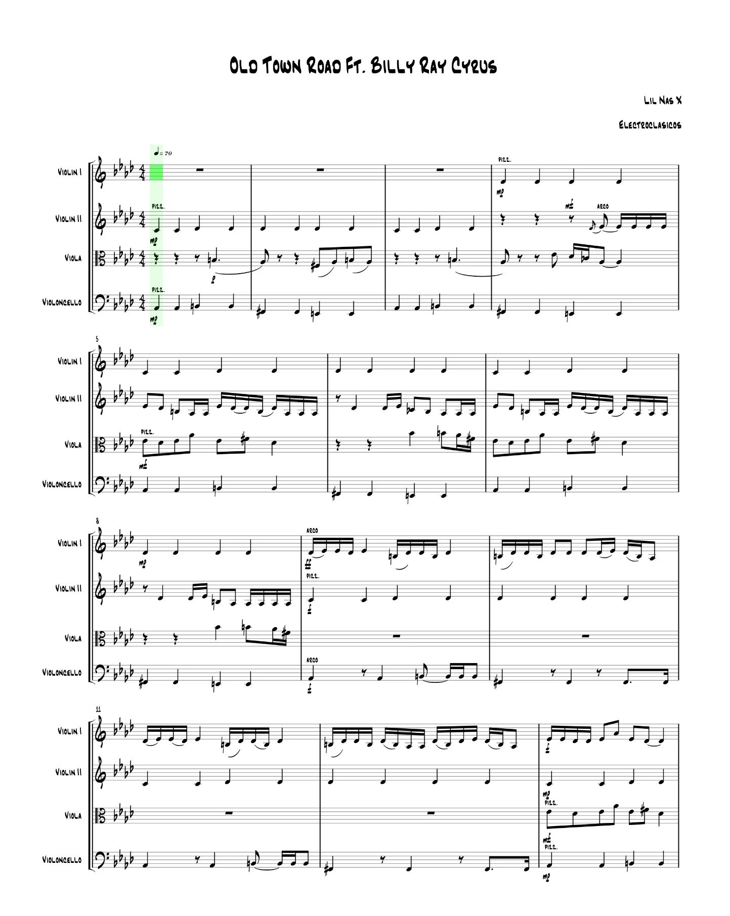 Sheet Music String Quartet Old Town Road, Lil Nas X